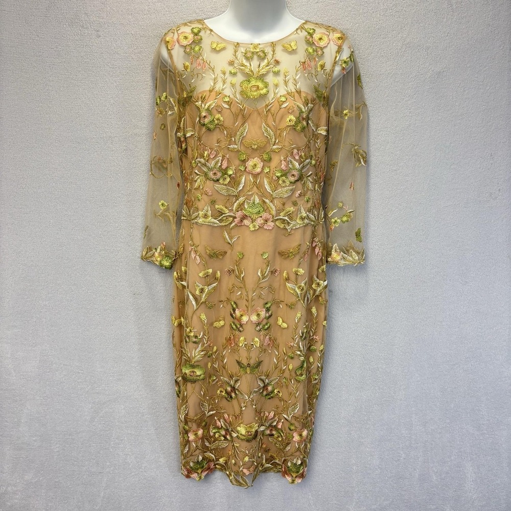 NWT Marchesa Notte Floral Embroidered Tulle Dress Womens 4‎ Nude Sheer Cocktail
